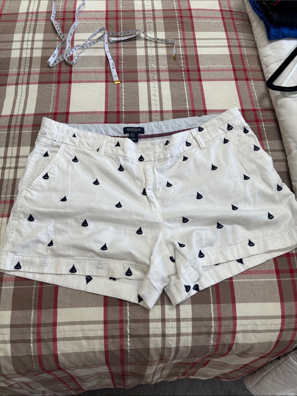 British Khaki White Bermuda Shorts with Navy Sailboat Embroidery